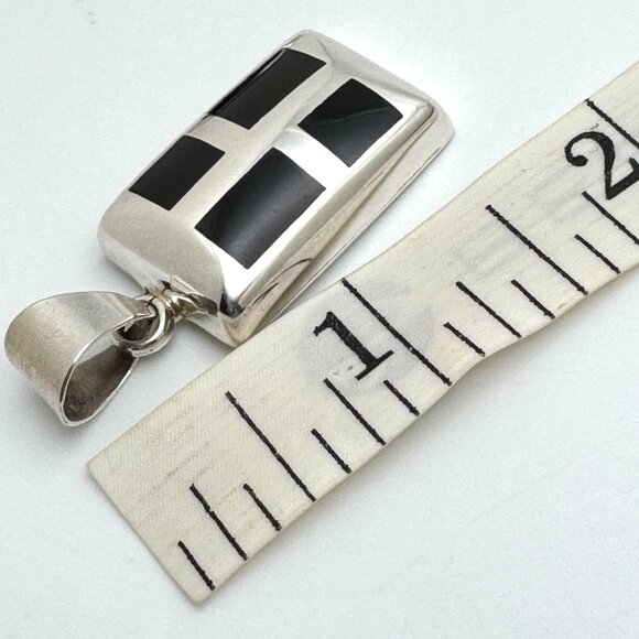 Vintage 925 Sterling Silver Black Onyx Modernist Mosaic Chunky Pendant - Picture 3 of 9